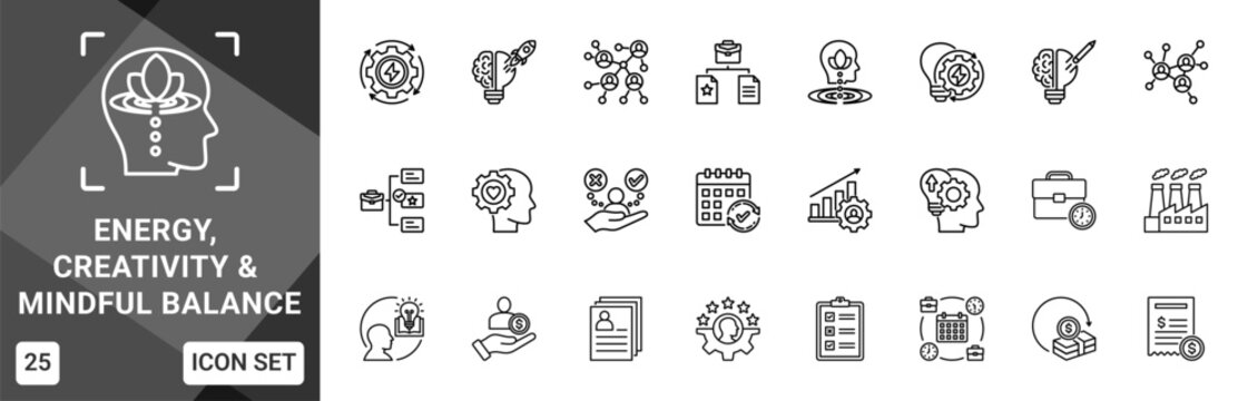 Energy, Creativity And Mindful Balance  Icon set collection. Vector icon pack featuring thematic icons for your presentations or business.