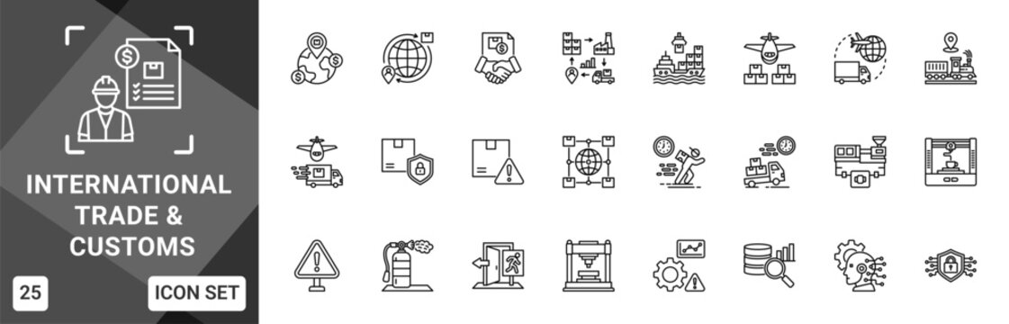 International Trade & Customs  Icon set collection. Vector icon pack featuring thematic icons for your presentations or business.