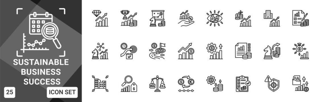 Sustainable Business Success  Icon set collection. Vector icon pack featuring thematic icons for your presentations or business.