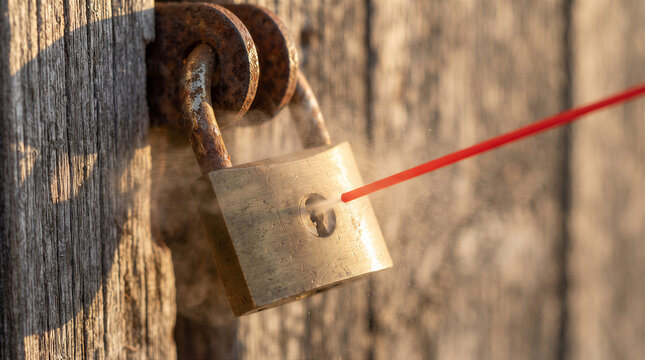 Lubricating a rusty old padlock with spray lubricant using a red straw nozzle to loosen the mechanism on a wooden surface