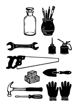 serie de iconos en vectores herramientas a un color estilo linograbado, serrucho, llave, aceite, pala, martillo, guantes,