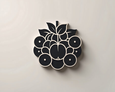 Minimalist black fruit emblem icon relief on beige background.