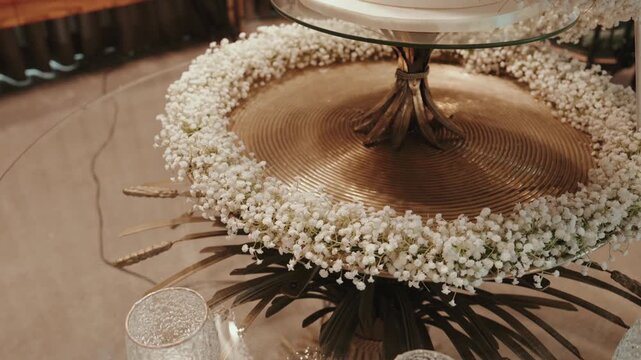 White baby breath wreath rotating around a ridged gold charger plate on an event table