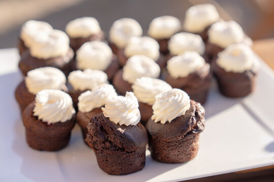 Rows of bite size chocolate cupcakes swirled with whipped cream sit arranged on a white platter, a sweet treat for celebration or dessert display.