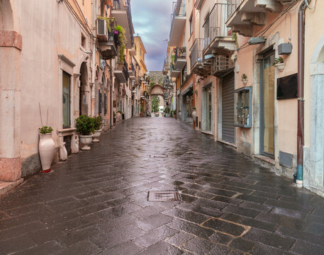 Wet Street in Historic Center of Taormina After Rain, Sicily, Italy