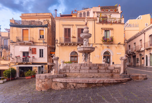 Historic Baroque Fountain in Piazza Duomo in Taormina, Sicily, Italy