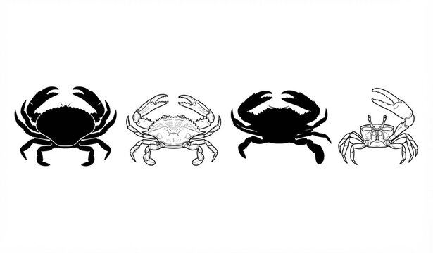 Crab silhouette and line art vector collection with four marine animal illustrations
