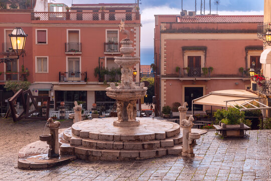 Historic Baroque Fountain in Piazza Duomo in Taormina, Sicily, Italy