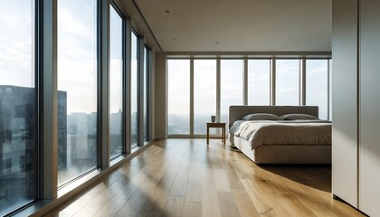 Fototapeta premium Contemporary bedroom with panoramic windows and city skyline view
