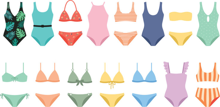 Women swimwear collection featuring colorful one piece swimsuits and bikini sets isolated on a white background vector