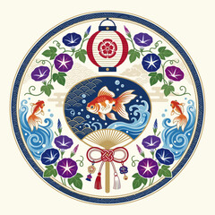 Naklejka premium Circular Asian Style Illustration with Goldfish and Morning Glory Flowers