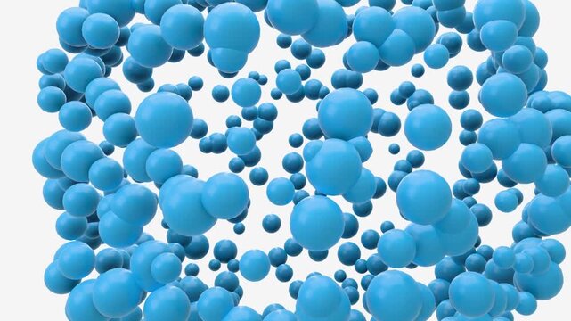 Minimal glossy 3d animation of blue spheres swirling in a seamless loop on a white background. Clean modern cgi aesthetic for abstract tech and science visuals.