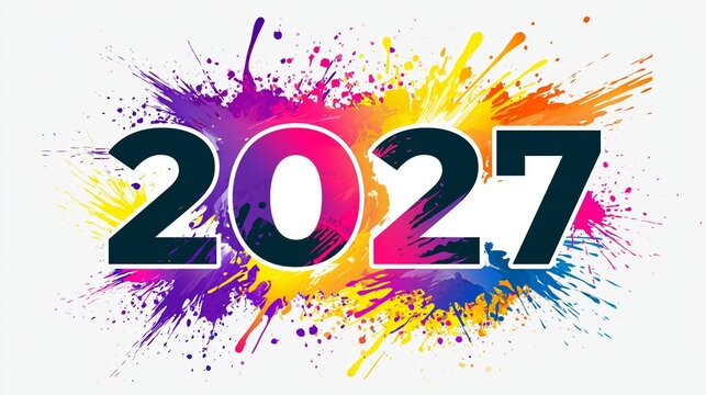 Colorful text design for 2027 New Year celebration with vibrant paint splashes on white background Generative AI