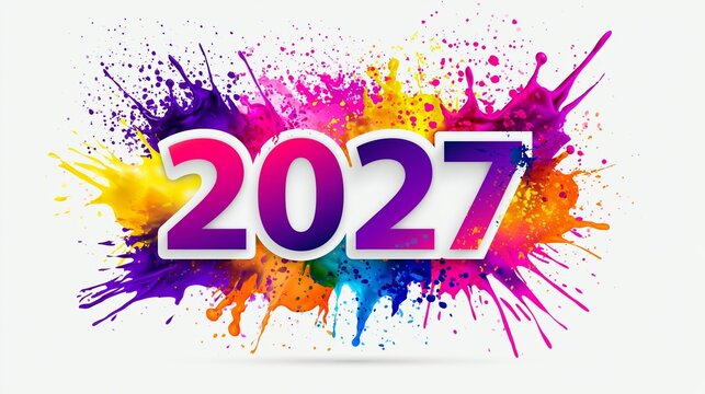 Colorful 2027 text design with paint splashes for New Year celebrations on a white background Generative AI