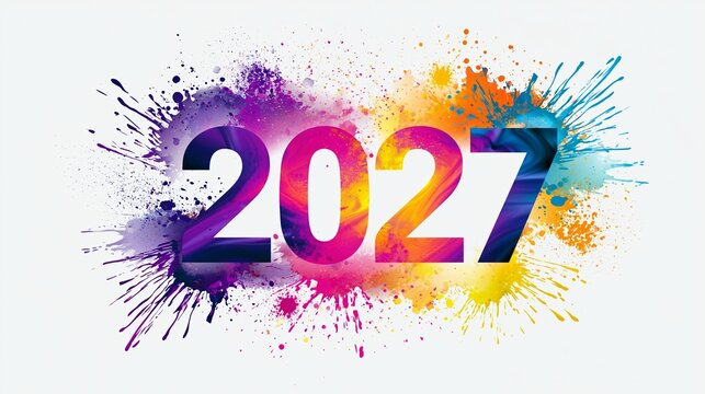 Colorful 2027 design with paint splashes for New Year celebration on a white background Generative AI