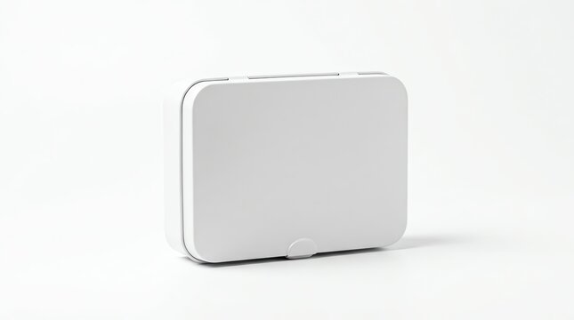 Minimalist white plastic storage container or bento box with rounded corners isolated on plain white studio background for mockup