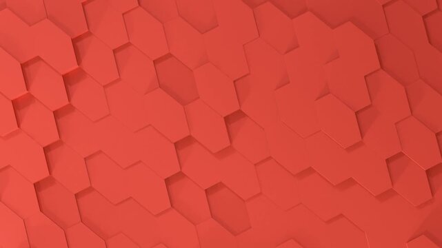Minimal matte 3d animation of extruded hexagon tiles with soft shadows in coral red. Seamless looping geometric surface pattern for modern motion design.