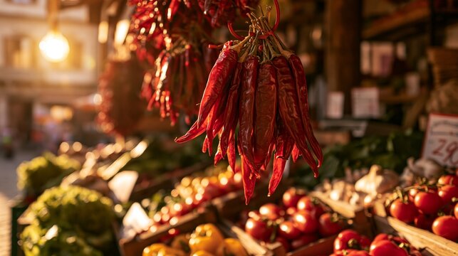 Hanging dried red chili peppers at a food market stall with fresh vegetables under warm sunlight Generative AI
