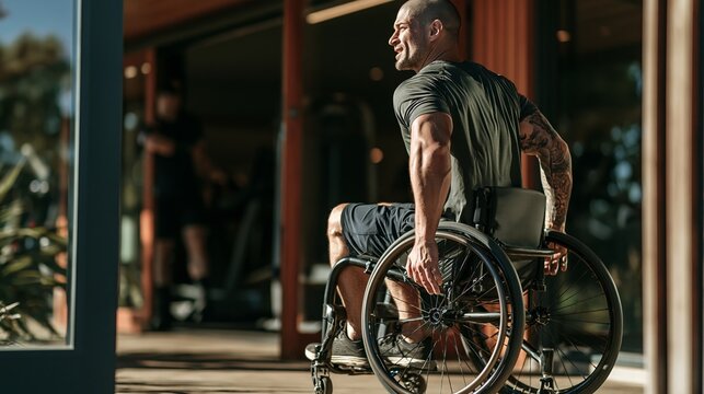 Man in wheelchair leaves gym building after workout outdoors in bright sunlight Generative AI