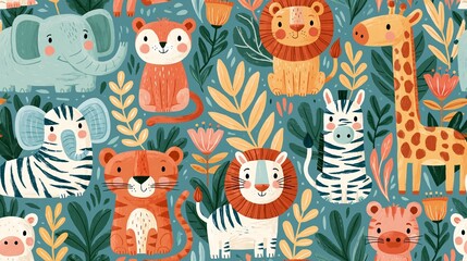 Naklejka premium Seamless pattern featuring cute safari animals for nursery wallpaper and kids textile design Generative AI