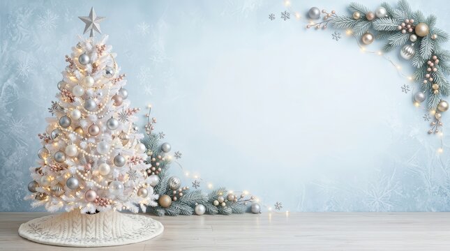 Beautiful christmas tree with silver and gold ornaments on a light blue background with festive lights and snowflakes