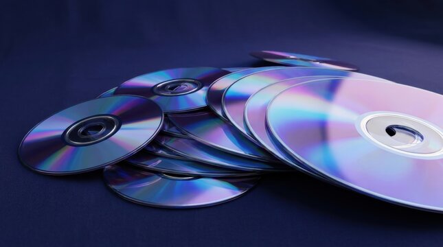 Stack of blank compact discs scattered on dark textured surface with colorful iridescent reflections