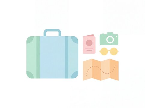 Minimalist flat vector illustration of travel suitcase with passport camera sunglasses map pastel white background