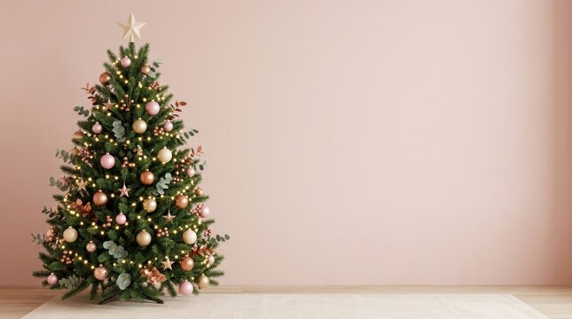 Christmas tree decorated with pink and gold ornaments against a soft pink wall background