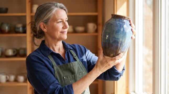 Mature woman potter examine blue ceramic vase in sunlit studio for artisan craft concept