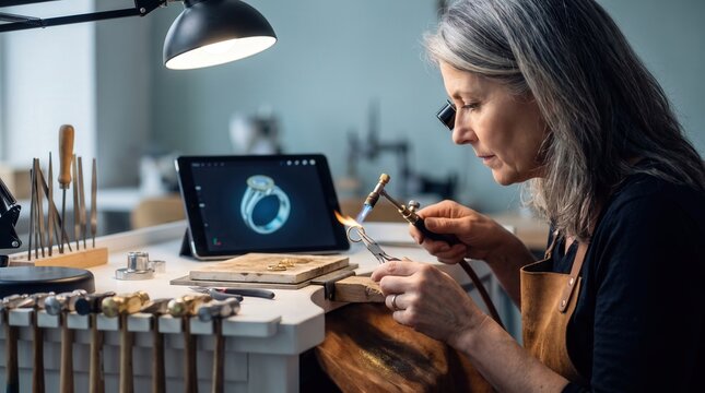 Professional jeweler solder ring with torch in studio with digital cad model for artisan business