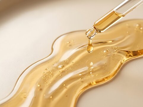 Golden Serum Droplet Gliding Gracefully from Pipette onto Smooth Surface with Radiant Liquid Texture and Shimmering Light Reflections