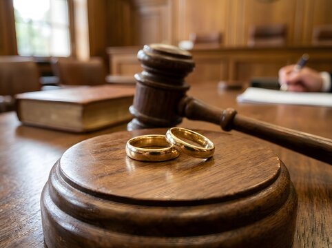 Golden wedding rings resting atop a polished wooden gavel in a traditional courtroom setting with warm lighting and legal books