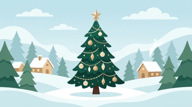 Christmas tree with golden ornaments in a snowy winter landscape with small houses and pine trees
