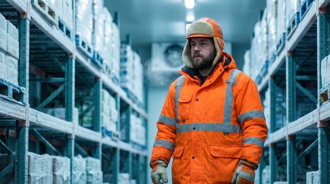 Worker wear orange thermal jacket stand in cold storage warehouse for logistics industry