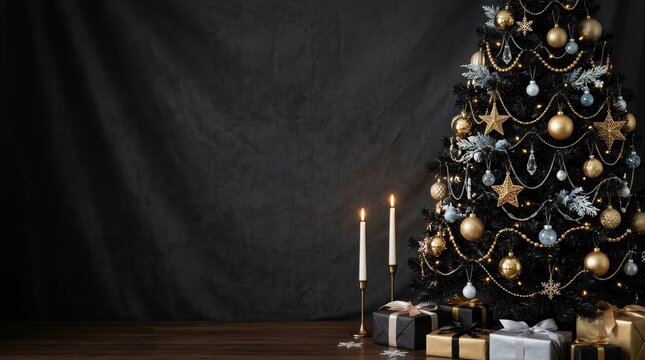 Elegant christmas tree with gold and silver ornaments, glowing candles, and wrapped gifts on a dark wooden floor against a moody black background