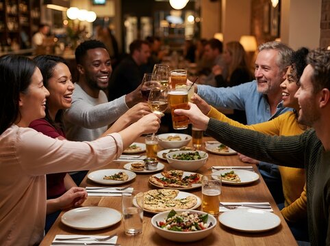 Joyful Diverse Group Celebrating Together Over Shared Meal in Warmly Lit Cozy Restaurant With Clinking Glasses And Plates Of Pizza