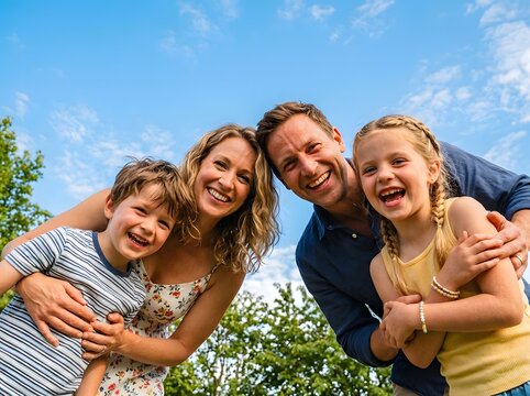 Joyful Family of Four Sharing Laughter Under Bright Blue Sky with Lush Green Trees in Warm Outdoor Setting