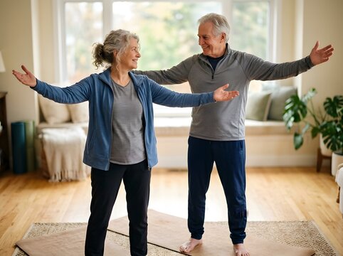 Joyful Senior Couple Practicing Arm Stretch Yoga Together in Bright Warm Living Room with Natural Light and Cozy Atmosphere