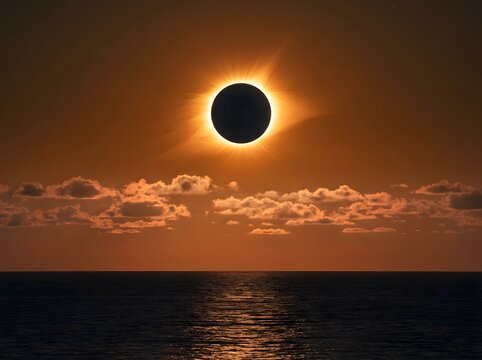 Majestic Total Solar Eclipse Over Serene Ocean Skies with Radiant Corona and Soft Clouds at Golden Hour