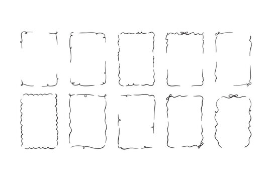 Collection of ten hand drawn rectangular frames and borders with scribbled lines isolated on a white background, for decoration
