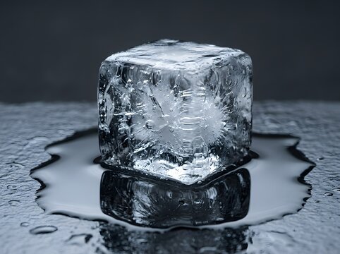 Majestic Translucent Ice Cube Resting on Glistening Wet Surface with Crystalline Sparkles and Reflective Shine
