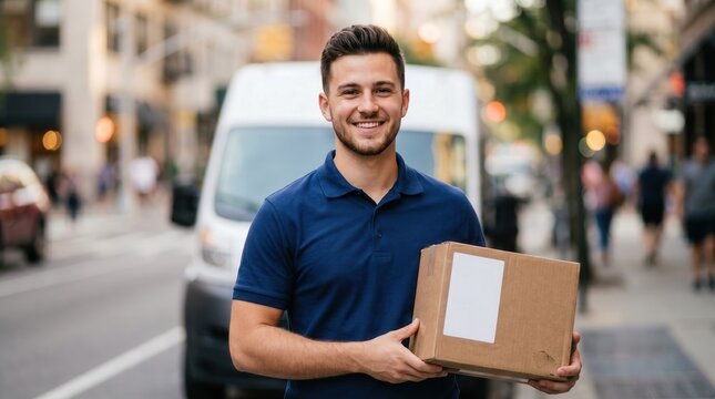 Male delivery driver smile hold parcel on city street for logistics service concept