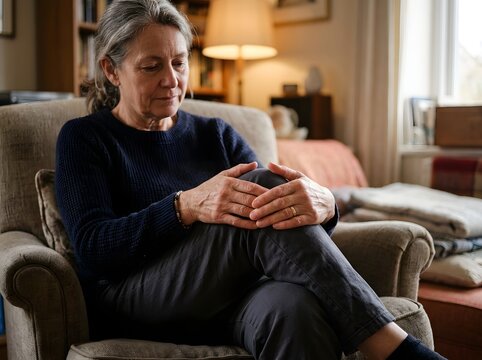Mature Woman Holding Knee in Thoughtful Comfort on Cozy Armchair by Warm Window Lighting Living Room Serenity