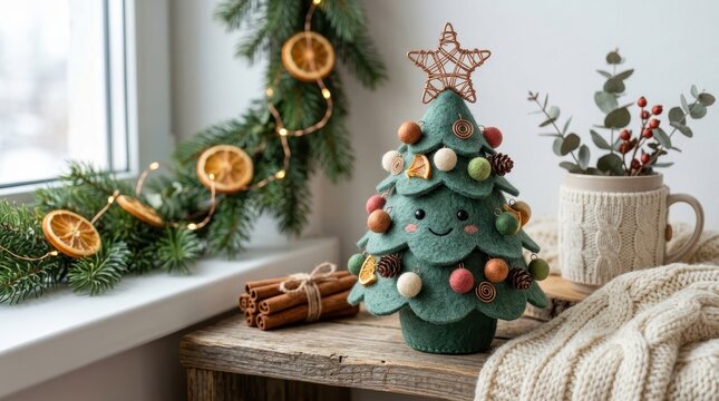 Cute felt christmas tree decoration with ornaments, dried orange slices, and cinnamon sticks on a rustic wooden table with cozy winter decor