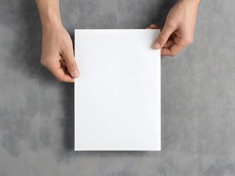 Minimalist Hands Gently Presenting a Blank White Canvas Paper Against a Textured Gray Fabric Background