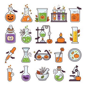 Explore a cute halloween chemistry lab set featuring spooky potion icons designed as a stiker halloween graphic collection