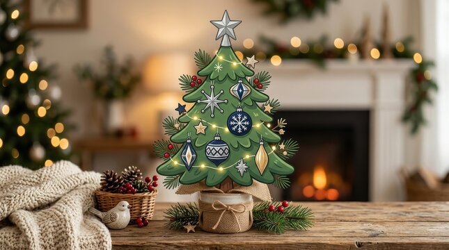 A charming illustrated christmas tree decoration with ornaments and lights on a rustic wooden table in a cozy festive living room setting