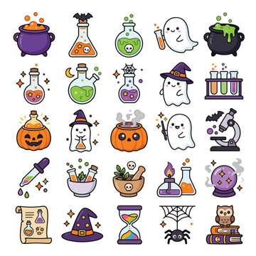Explore a cute halloween chemistry lab set featuring stiker halloween designs, magic potions, and friendly ghosts