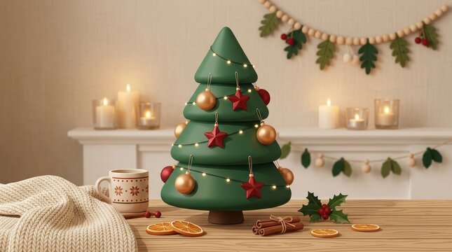 Stylized 3d christmas tree with ornaments and lights on a wooden table with cozy decorations, candles, and cinnamon sticks in a festive home setting