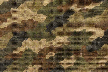 Fototapeta premium Seamless military woodland camouflage fabric texture background, knitted camo textile pattern